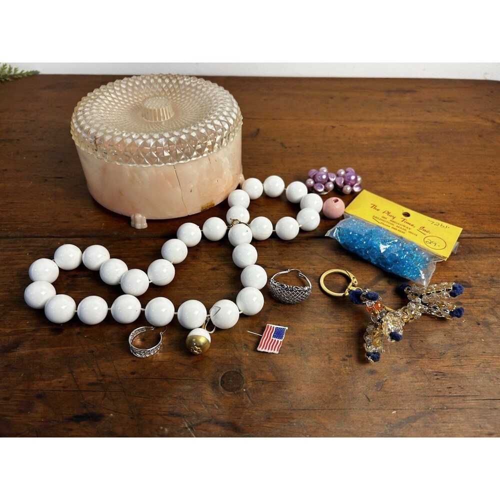 Grandma Junk Drawer Trinket Jewelry Lot In Dusting Powder Container